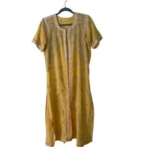 Vintage Womens Dress Size Medium Yellow Floral Embroidered Kurta Side Slits